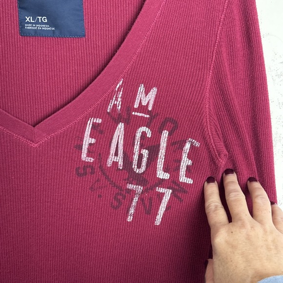 Vintage Y2K American Eagle Ribbed Thermal Tunic Top Womens XL Shirt Burgundy - Picture 2 of 10